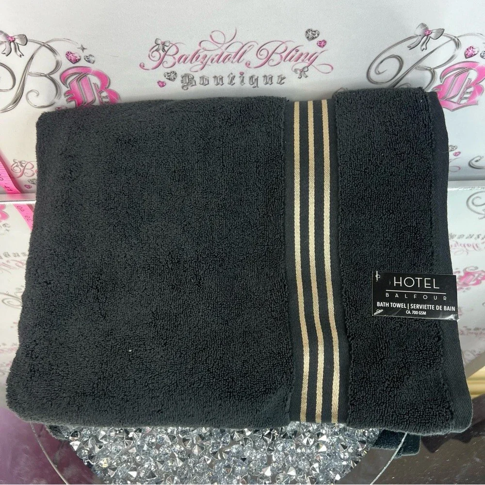 Hotel Balfour Black Bath Towel with Gold Accent Stripe set of 2